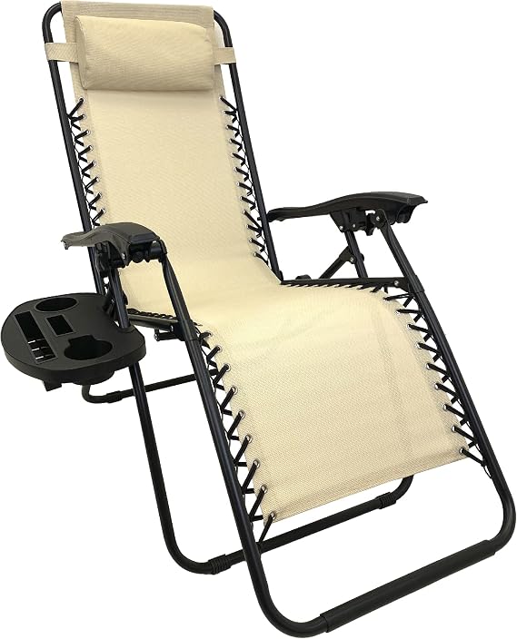 EasyGo Product Zero Gravity Lawn Lounge Pillow and Cup Holder Furniture Outdoor Adjustable Dining Reclining Folding Chairs for Deck Patio Beach Yard, 1 Pack TAN