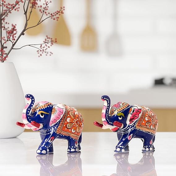 Minakari Traditional Indian Rajasthani Decor Hand Painted Festive Decoration Showpiece for Table Home Office and Gifting (Blue Elephant Set of 2)