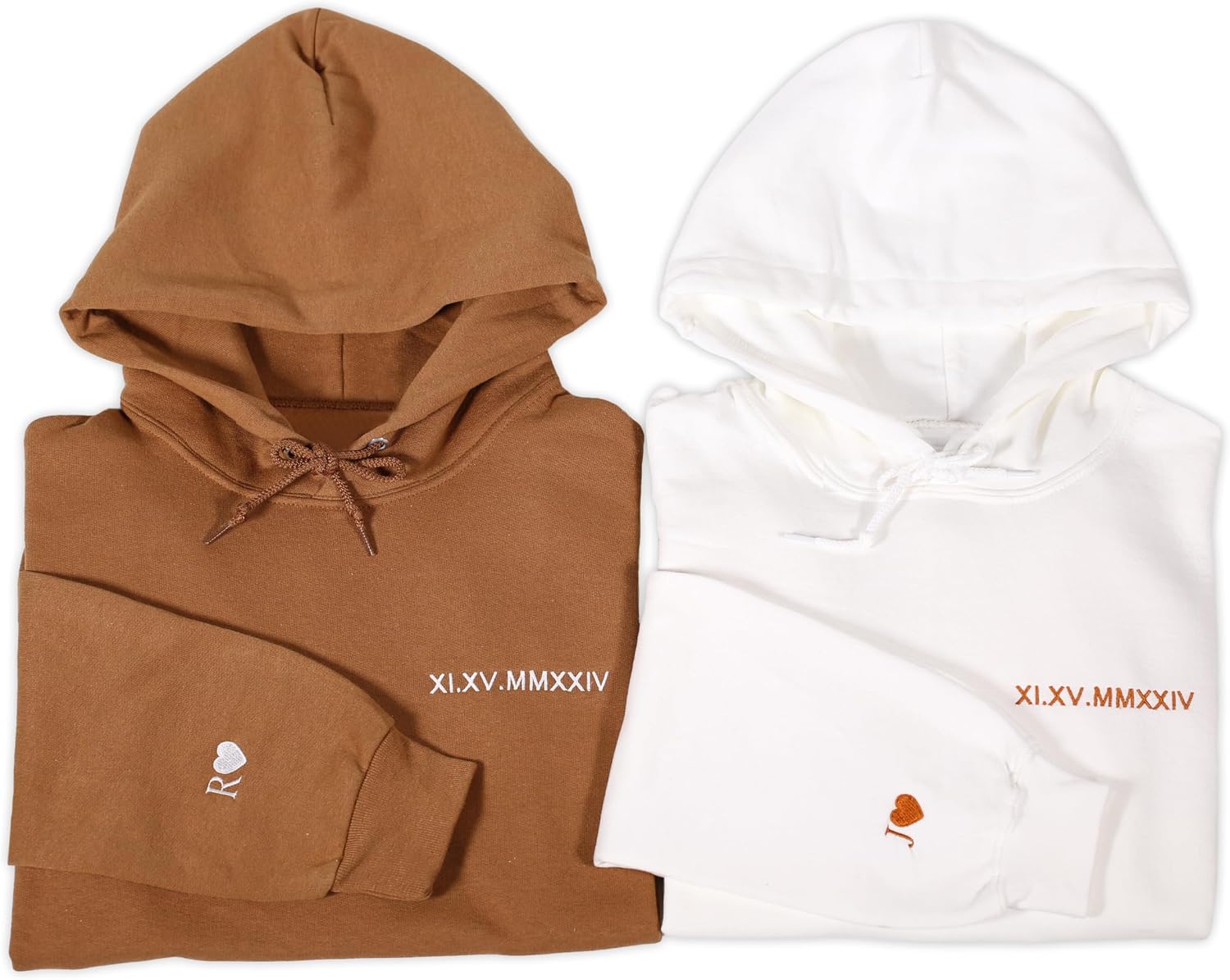 Custom Embroidered Roman Numeral Hoodies, Valentine Gift for New Couples, Special Day DateInitials on Sleeve, Wedding Day Roman Numeral, Matching Couple Hoodies With Initial Heart