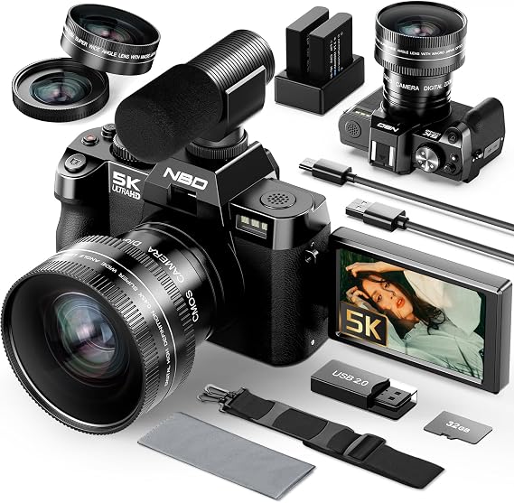 5K Digital Cameras for Photography,48MP Camara Fotograficas,Travel Vlogging Cameras for YouTube with 16X Digital Zoom,180Flip Screen,52mm Macro Lens,2 Batteries,32GB SD Card(Black)