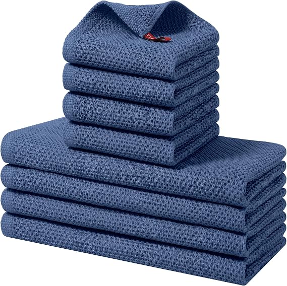 Homaxy 8 Pack 100% Cotton Kitchen Towels and Dishcloths Set, Navy Blue