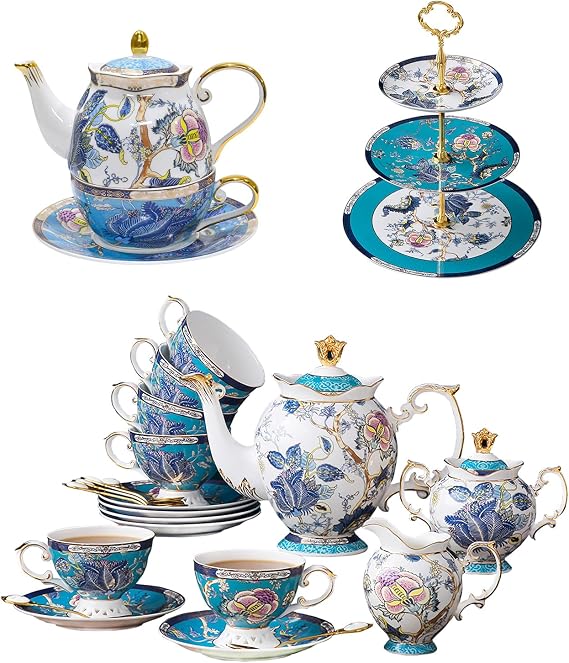 ACMLIFE Tea for One Teapot and Bone China Tea Set for Adults - 21-Piece Blue and White Porcelain Tea Set for 6 with Porcelain Cake Stand