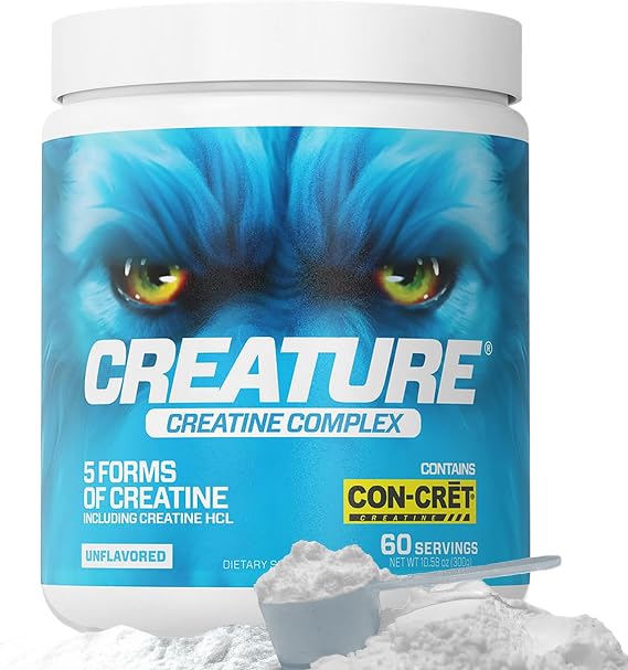 CREATURE Creatine Complex - Creatine Monohydrate Powder with 5 Types of Creatine Including Con-Cret Creatine HCL, Promotes Muscle, Strength, Endurance, Brain Health, Unflavored, 300g 60 Servings