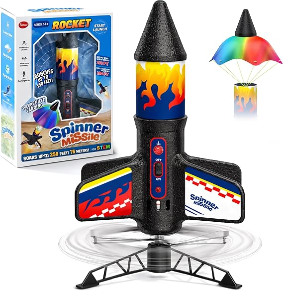 Rocket Launcher for Kids, Electric Flying Rocket Toy with Parachute | Launches Up To 250ft, LED Light Up Reusable Parachute Landing, Rechargeable Outdoor Toy for Backyard STEM Play Boys & Girls