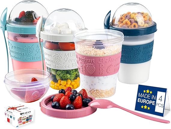 Hakan Overnight Oats Containers with Lid & Spoons, 4 Pack - 20 oz, Reusable Yogurt Parfait Cups with Topping Dome - BPA-Free Plastic Cereal & Fruit Cups to Go - Large Breakfast Jars for Work & School