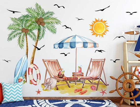 Summer Beach Wall Decals Large Boho Palm Tree Wall Stickers Sunshine Beach Holiday Tropical Plants Peel and Stick Wallpaper Hawaiian Nature Wall Art for Kids Bedroom Nursery Party Decoration