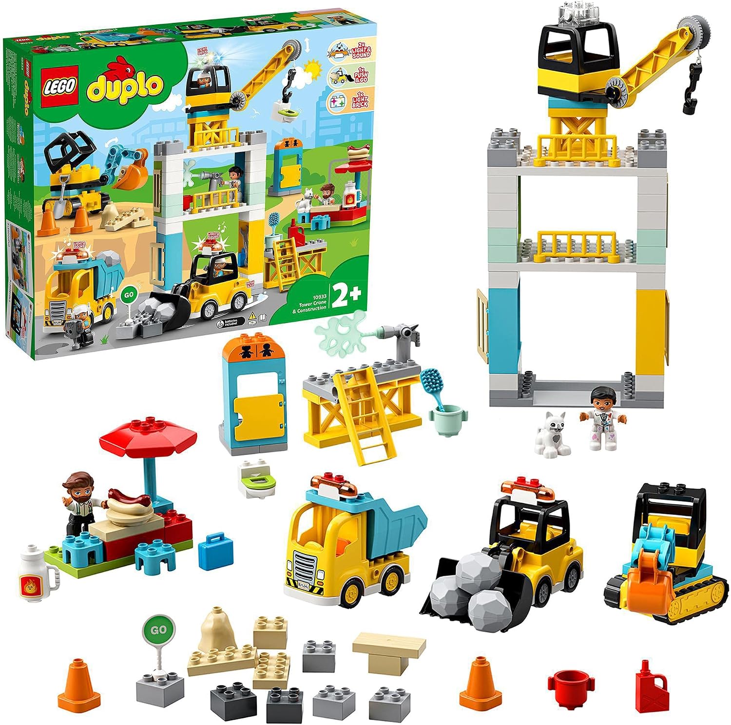 LEGO 10933 DUPLO Town Tower Crane & Construction Vehicle Toys with Digger, Truck, Light & Sound and Push & Go Motor for 2-5 Years Old