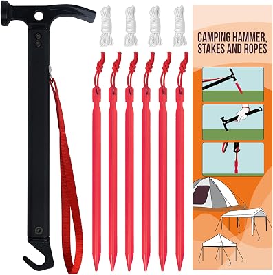 Eurmax USA Hiking Camping Tent Stakes and Hammer Set Lightweight Multi-Function Tent Hammer with Tent Stake Remover,Tent Pegs for Camping, Hiking, Backpacking, GardeningRed Stakes