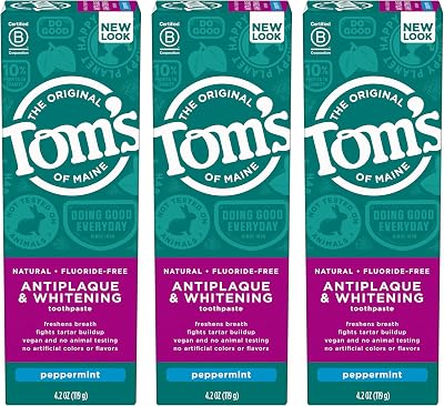 Toms of Maine Fluoride-Free Antiplaque & Whitening Natural Toothpaste, Peppermint, 4.2 oz. 3-Pack Packaging May Vary