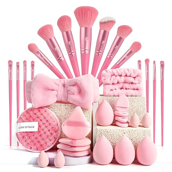 Makeup Brush Set 33 Pcs Makeup Tool Set Premium Synthetic Foundation Powder Concealers Eye shadows Blush Makeup Brushes (Pink, 33 Piece Set)