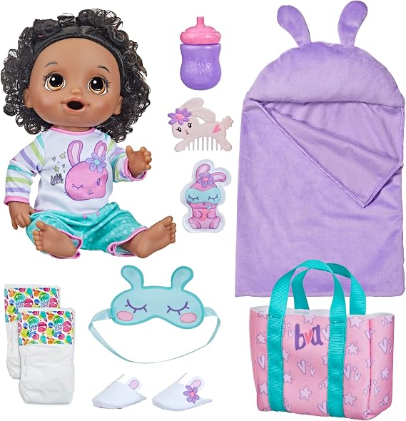Baby Alive Bunny Sleepover Baby Doll, Bedtime-Themed 12-Inch Dolls, Sleeping Bag & Bunny-Themed Doll Accessories, Toys for 3 Year Old Girls and Boys and Up, Black Hair