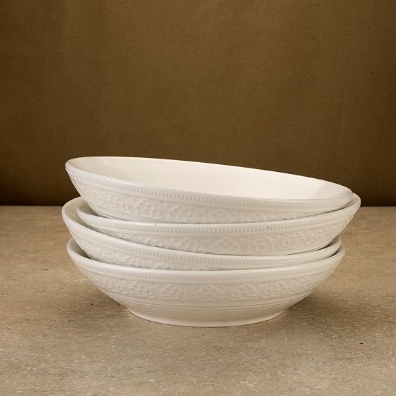 Euro Ceramica Fez Pasta Bowl Set of 4 in White, Teardrop Mandala Design