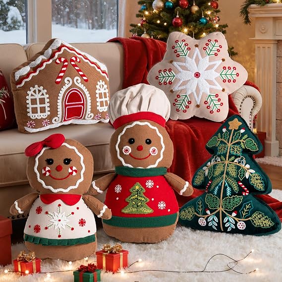 Lanpn Christmas Throw Pillows Set of 5, Christmas Decoration Winter Throw Cushions Snowflake Gingerbread Man 3D Shaped Xmas Tree Pillow for Sofa Living Room Bedroom Xmas Decor