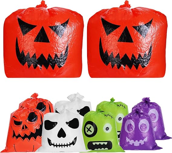 Halloween Pumpkin Leaf Bags, 10 Pcs Large Reusable Plastic Yard Trash Bags with Twist Ties for Fall Porch Decorations, Garden Waste & Outdoor Halloween Decorations