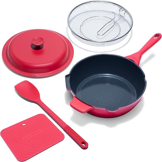 ZUKA 10 in 1 Ceramic Pan by Granitestone, Large 10 Inch Saute Pan with Lid Serves as Deep Frying Set with Steamer, Everyday Skillet, Non Toxic Ceramic Nonstick, Induction Oven & Dishwasher Safe