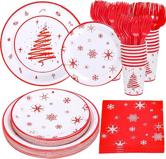 Christmas Party Supplies Decorations, Christmas Disposable Plates and Napkins with Paper Plates, Napkins, Cups and Forks - Serves 25