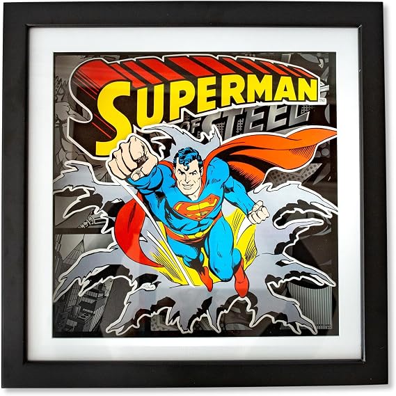 DC Comics Superman Man of Steel Wood Frame 3D Shadow Box Wall Art with Glass | 15 x 15 Inches