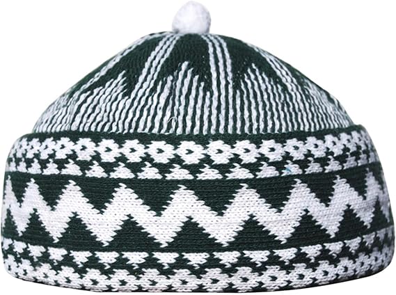 TheKufi Dark Green Cotton Blend Zigzag Beanie Kufi Hat with Ball on Top One-Size