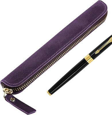 Crazy Horse Leather Zipper Pen Pouch Handmade, Single Pen Case Fountain Pen Sleeve Holder Pouch Cover Vintage, Mini Pencil Bag Purple