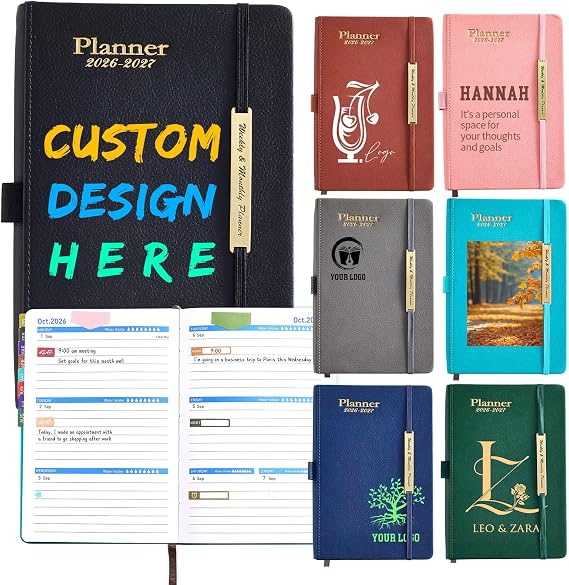 Custom Planner Notebooks for school - July 2026 -December 2027 - Personalized Weekly & Monthly Planner with Logo/Text/Photo A5 Customizable Journal for Office, School, or Gifts, 2026 Calendar, 7 Color to Choose