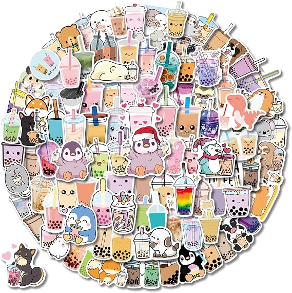 Milk Tea Stickers 105PCS Kawaii Bubble Tea Stickers, Vinyl Cutec Gifts,Asthetic Water Bottle Sticker Pack for Teens Girls Kids