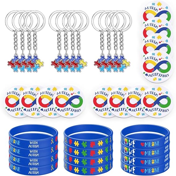 Sinasasspel Autism Awareness Silicone Bracelets Badges and Keychains Set
