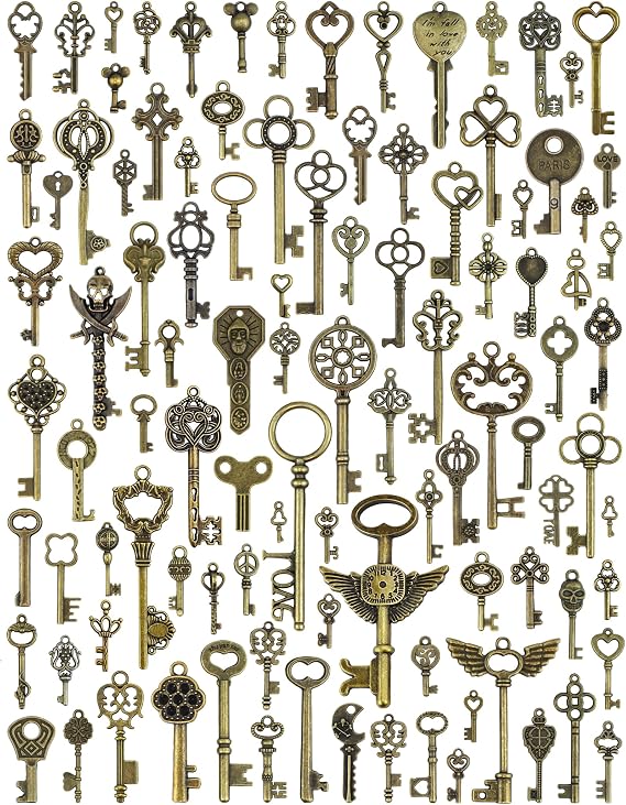 JIALEEY Vintage Skeleton Keys, Wholesale Bulk Lots Mixed Set of 100 Antique Bronze Brass Skeleton Castle Dungeon Pirate Keys, 10.5oz/300g