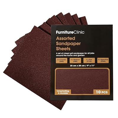 Furniture Clinic Pack of 10 Sandpaper Sheets for Wood, Walls, Metal and Furniture - for Hand, Sanding Block or Sander Use - 2 x Coarse, 4 x Medium, 4 x Fine Grades P40, P80, P120, P240
