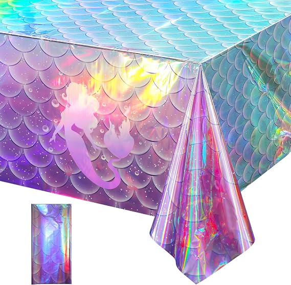 1Pcs Mermaid Iridescence Plastic Tablecloths,Mermaids Laser Table Cloths Holographic Foil Disposable Table Cover for Girls Birthday Wedding Disco Holiday Mermaid Themed Party Decorations 54 x108 inch