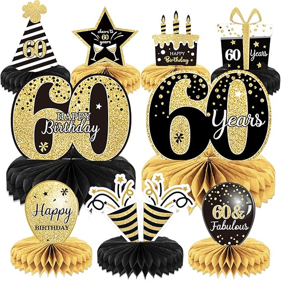9 Pieces 60th Birthday Decoration 60 th Birthday Centerpieces for Tables Decorations Cheers to 60 Years Honeycomb Table Topper for Men and Women Sixty Years Party Decor Supplies