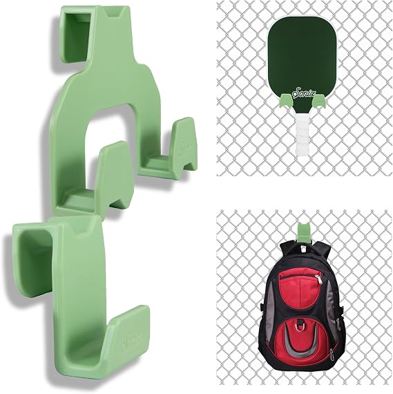 Sonix Pickleball Fence Hooks - Set of 2 Sport Court Fence Hook Hangers | Green | 1 Paddle Rack + 1 Bag Hook