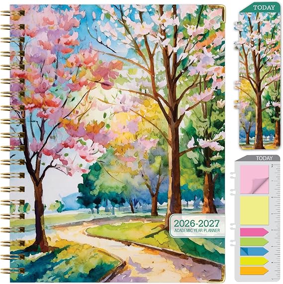 HARDCOVER Academic Year 2026-2027 Planner: 14 Months (May 2026 Through June 2027) 8.5"x 11" Daily Weekly Monthly Planner Yearly Agenda. Bookmark, Pocket Folder and Sticky Note Set (Watercolor Tree)