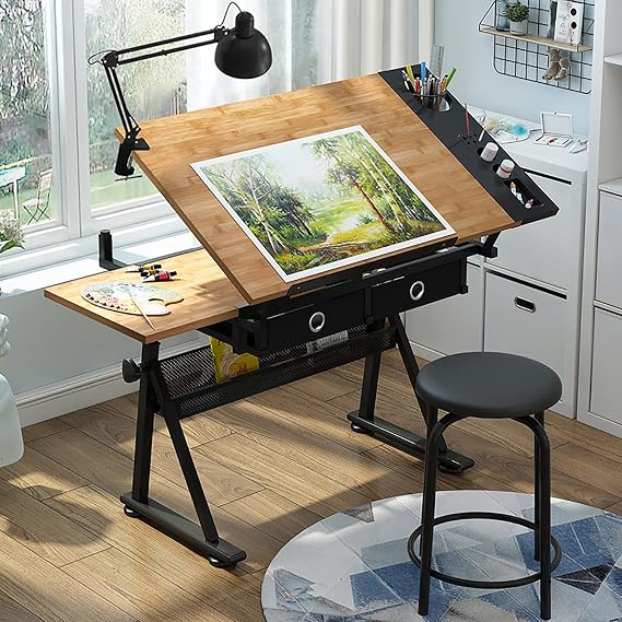 Drawing Table Adjustable Drafting Table with Stool, Tiltable Draft Desk Drawing Table, Bamboo/Sood Tabletop Drawing Table, with Storage and Drawers, Art Desk for Drawing Painting Work Study