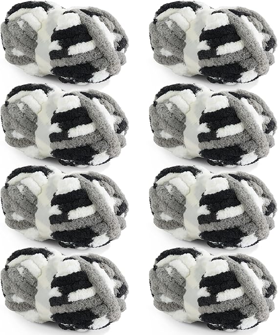 HOMBYS Chunky Tie Dye Mix Chenille Yarn for Hand Knitting, Super Bulky Jumbo Yarn for Crocheting, 3/4" Thick Soft Plush Yarn for Blankets, 8 Skein Pack (26 yds / 7.5 oz Each) Black White Grey