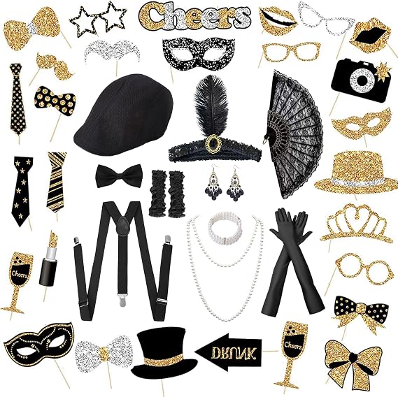 40 Pcs 1920's Party Decoration Couple Cosplay Costume Roaring Retro Costume Including Roaring 20's Photo Booth Props Headband Gloves Gangster Hat Accessories Kit Birthday Theme Party Supplies
