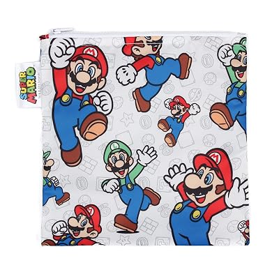 Bumkins Nintendo Reusable Sandwich and Snack Bags, for Kids School Lunch and for Adults Portion, Washable Fabric, Waterproof Cloth Zip Bag, Travel Pouch, Food-Safe, Large, Mario and Luigi