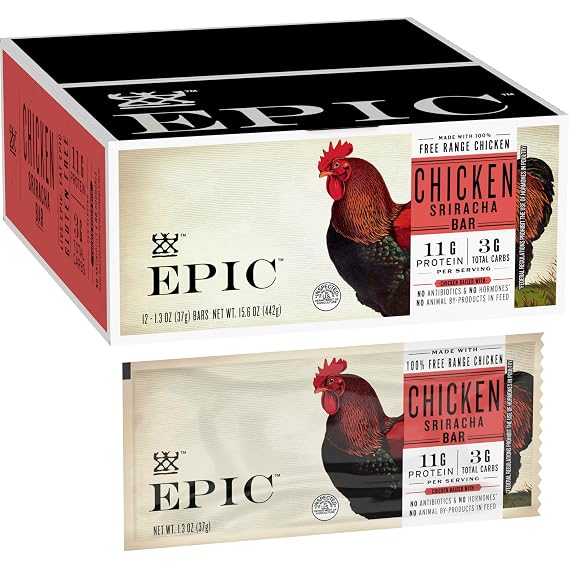 EPIC Bars, Chicken Sriracha, Keto and Paleo Friendly, Whole30 Approved, Gluten Free, 12 Count, 15.6 oz