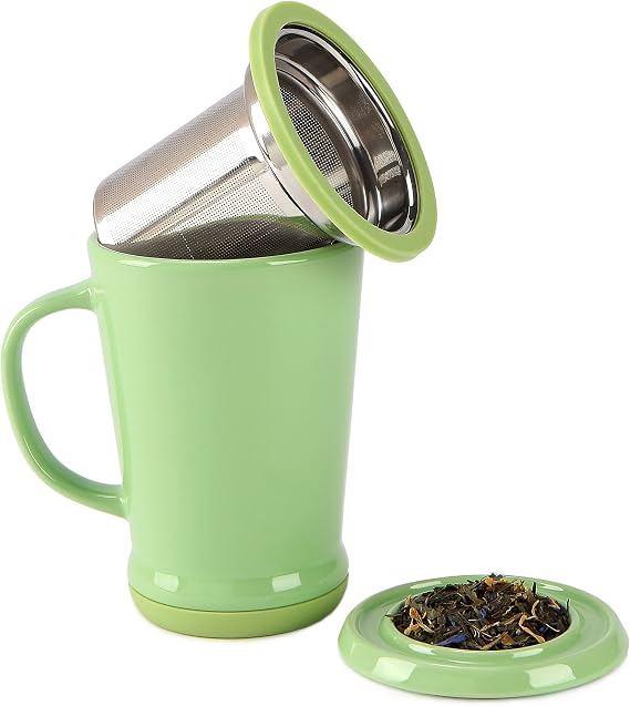 casaWare Tilt and Drip Tea Infuser Ceramic Mug, 14-Ounce (Matcha Green)