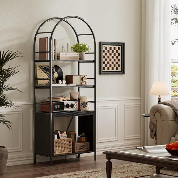 72" Arched Bookshelf, 5-Tier Tall Bookcase with Storage, Black