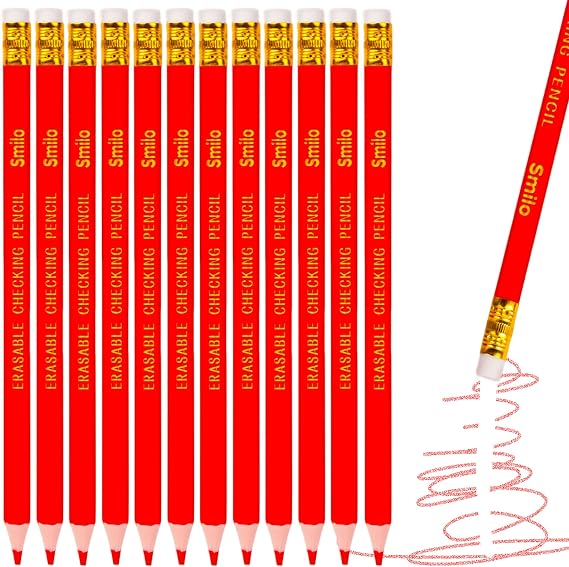 Smilo Erasable Red Checking Pencils 12-Count with Erasers