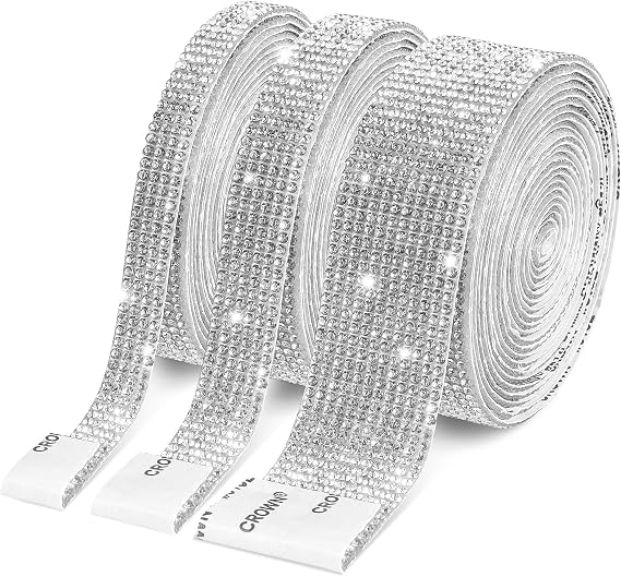 3 Rolls 9 Yards Self-Adhesive Crystal Rhinestone Ribbon, Bling Rhinestone Stickers Strips Tape, Diamond Ribbon Roll Wrap for Phone Car Glitter Shoes DIY Arts Crafts Decoration(Silver)