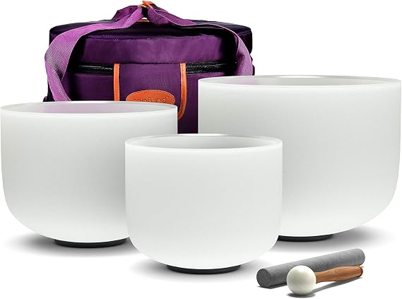 TOPFUND (11"C+9"E+7"G) 432Hz Set of 3 Crystal Singing Bowls with Heavy Duty Carrying Case and Singing Bowl Mallets