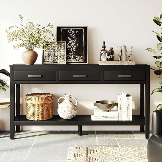 Merax Entryway Console Table, with 3 Storage Drawers, Bottom Shelf Design/Wood Frame/Behind Couch & Sofa, Black