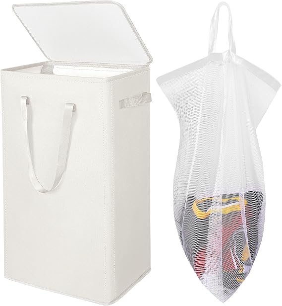 Odonata 75L Slim Laundry Hamper with Lid,Large Foldable Laundry Basket with Removable Bag and Handles Tall Collapsible Dirty Clothes Basket Great for Bedroom, Bathroom, Dorm, College,RV. (Beige, 75L)