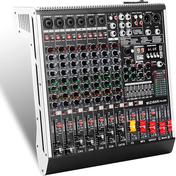 8 Channel Audio Mixer Professional Sound Mixing Board with 99 DSP Effects, 7-band EQ Digital DJ Mixer Console w/USB Bluetooth MP3 for Recording, Independent 48V Power & Mute Button