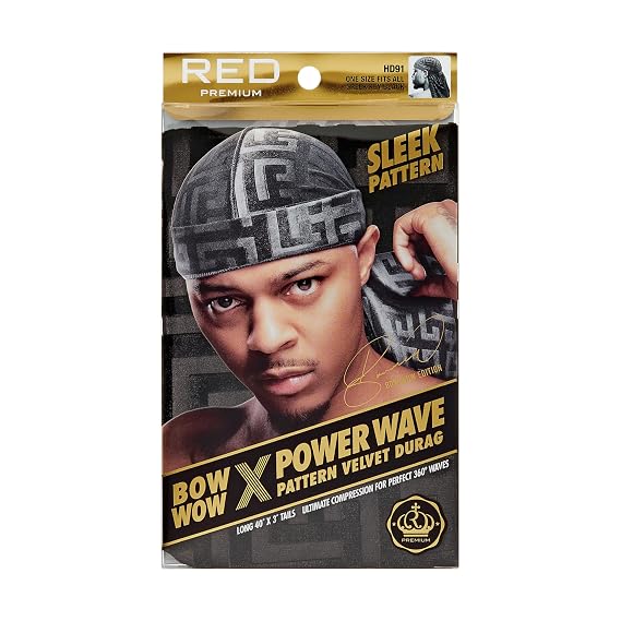 Red by Kiss Bow Wow X Power Wave Premium Pattern Velvet Durag, Soft & Stretchy, Ultimate Compression, Secure Fit & Breathable (Black Greek Key)