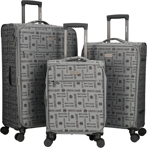 ROBERTO CAVALLI Luxury 3 Piece Luggage Set, Expandable Softside Suitcases with 8 Spinner Wheels, TSA Lock Large Suitcase Set for Men and Women-Gray