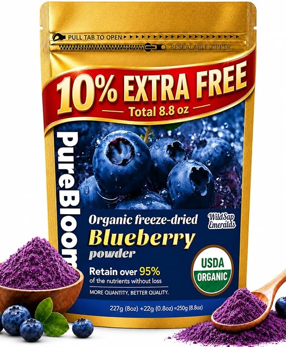 USDA Organic Wild Blueberry Powder, Freeze-Dried, 8.8 oz No Added Sugar, Non-GMO, Vegan, 250g Value Size, Ideal for Smoothies, Yogurt, Oatmeal, Baking & Everyday Recipes