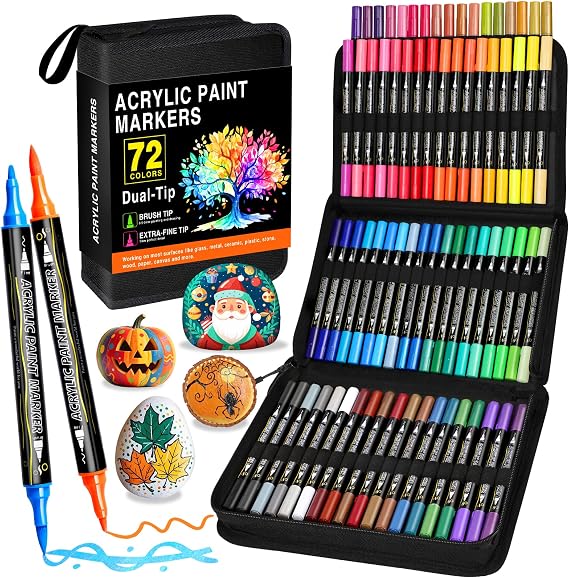 Acrylic Pens Set 72 Colours Dual Tip Acrylic Paint Marker with Fine Tip and Brush Acrylic Marker Waterproof for Stones Wood Easter Eggs Glass Ceramic Canvas and Paper Acrylic Paint Pens Children