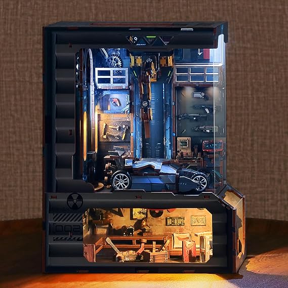 FUNPOLA 3D Wood Puzzle Book Nook Kit, Automobile Workshop Miniature Bookshelf Insert Decor with LED Lights, DIY Mechanical Model for Display, Unique Craft for Adults (Automobile Workshop)